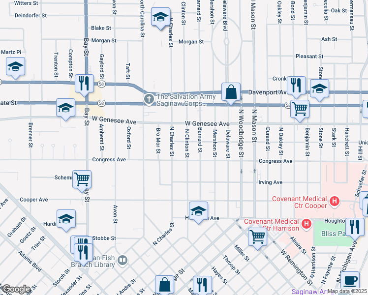 map of restaurants, bars, coffee shops, grocery stores, and more near 1827 North Clinton Street in Saginaw
