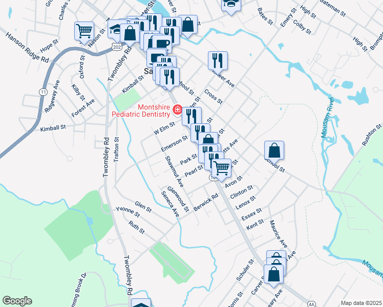 map of restaurants, bars, coffee shops, grocery stores, and more near 5 Park Street in Sanford