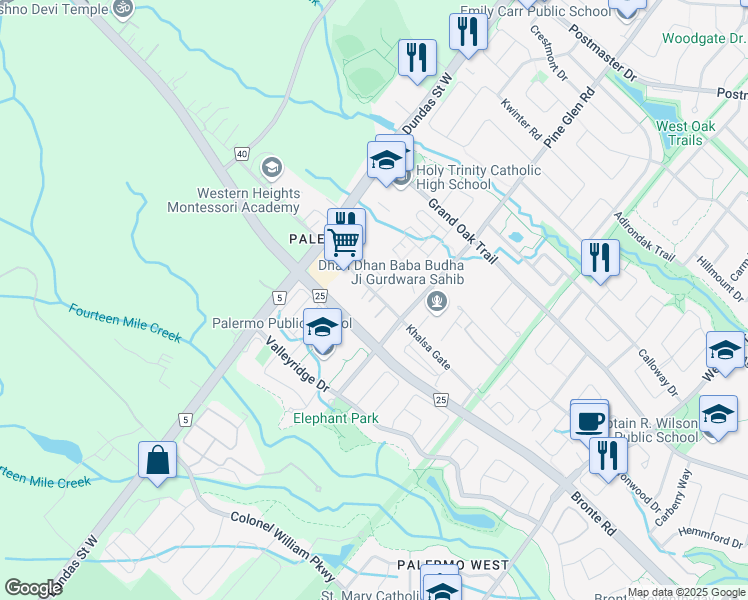 map of restaurants, bars, coffee shops, grocery stores, and more near 2460 Old Bronte Road in Oakville