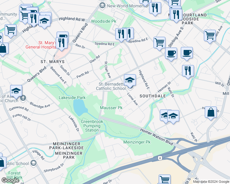 map of restaurants, bars, coffee shops, grocery stores, and more near 200 Mausser Avenue in Kitchener