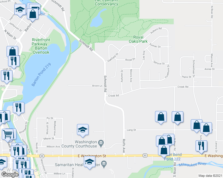 map of restaurants, bars, coffee shops, grocery stores, and more near 1119 Schmidt Road in West Bend