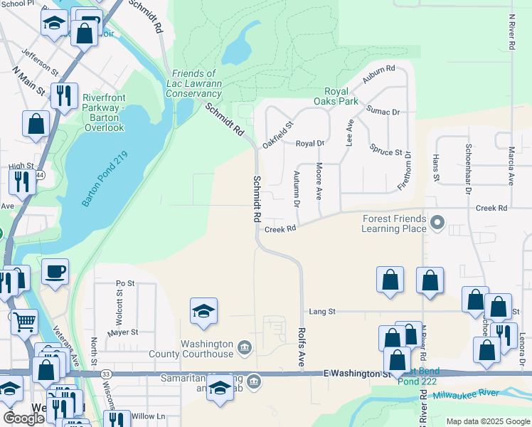 map of restaurants, bars, coffee shops, grocery stores, and more near 1100 Brown Lane in West Bend