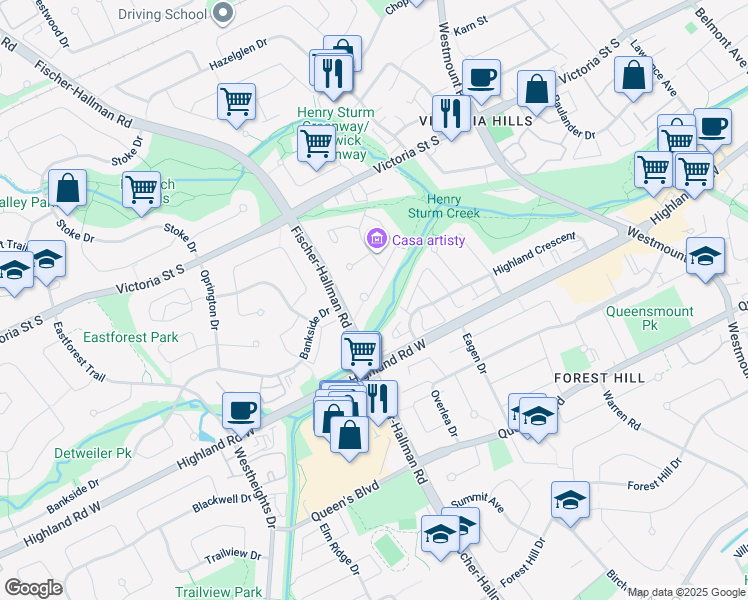 map of restaurants, bars, coffee shops, grocery stores, and more near 25 Caprice Court in Kitchener