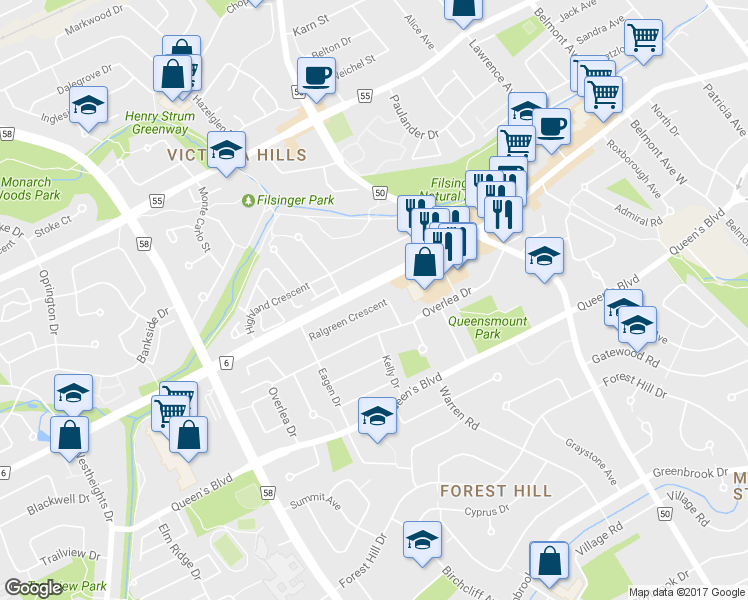 map of restaurants, bars, coffee shops, grocery stores, and more near 52 Ralgreen Crescent in Kitchener