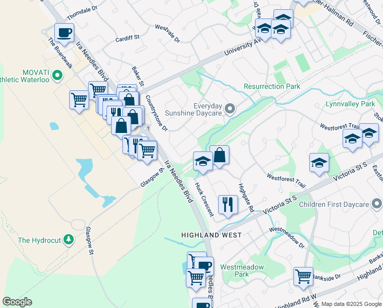 map of restaurants, bars, coffee shops, grocery stores, and more near 300 Countrystone Crescent in Kitchener