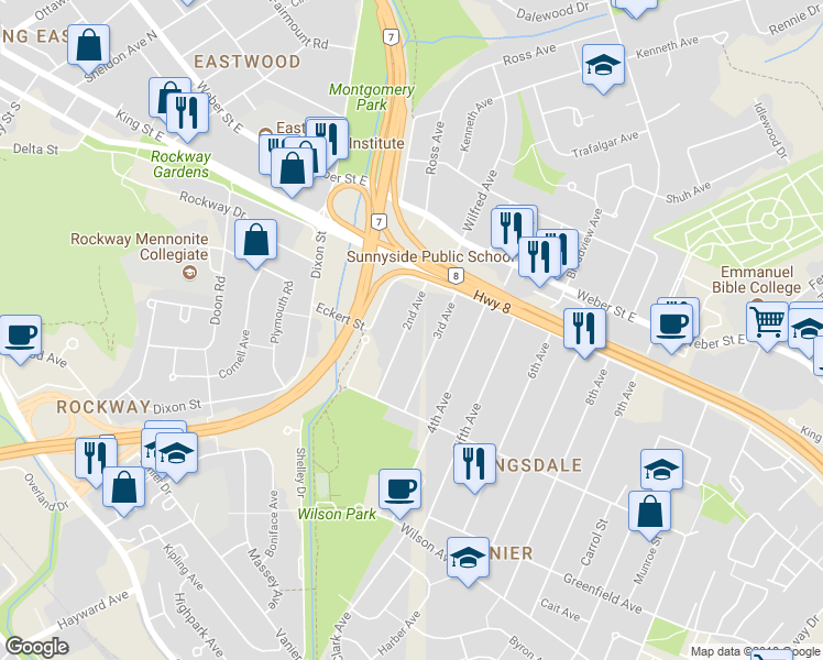 map of restaurants, bars, coffee shops, grocery stores, and more near 59 2nd Avenue in Kitchener