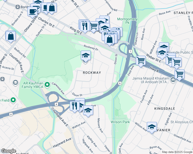 map of restaurants, bars, coffee shops, grocery stores, and more near 75 Cornell Avenue in Kitchener