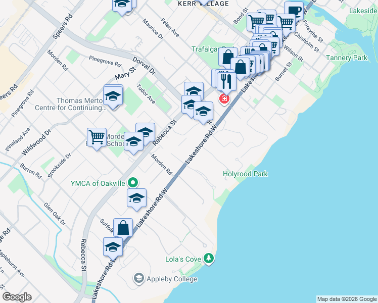 map of restaurants, bars, coffee shops, grocery stores, and more near 307 Lakeshore Road West in Oakville