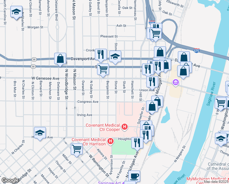 map of restaurants, bars, coffee shops, grocery stores, and more near 1003 Union Avenue in Saginaw