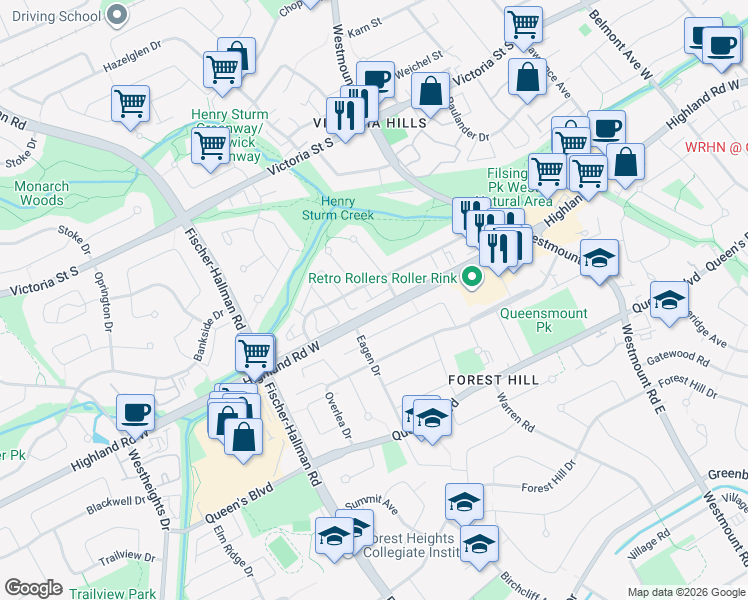 map of restaurants, bars, coffee shops, grocery stores, and more near 155 Highland Crescent in Kitchener