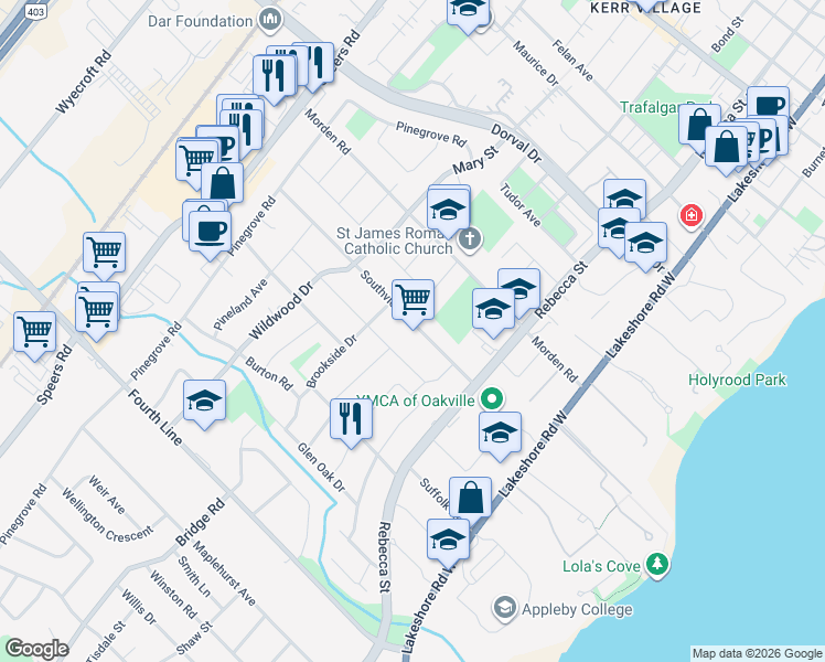 map of restaurants, bars, coffee shops, grocery stores, and more near 240 Southview Road in Oakville