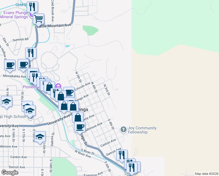 map of restaurants, bars, coffee shops, grocery stores, and more near 213 North 3rd Street in Hot Springs