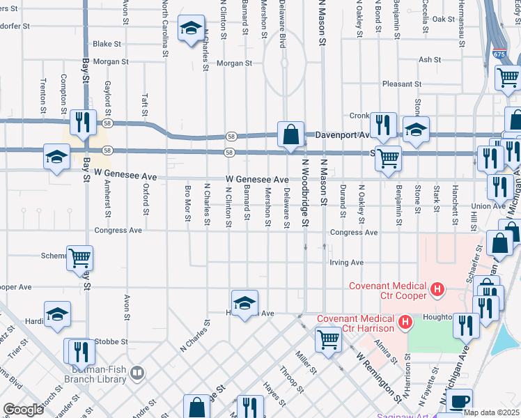 map of restaurants, bars, coffee shops, grocery stores, and more near 1832 Mershon Street in Saginaw