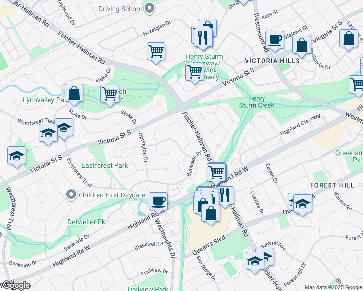 map of restaurants, bars, coffee shops, grocery stores, and more near 26 Benesfort Drive in Kitchener