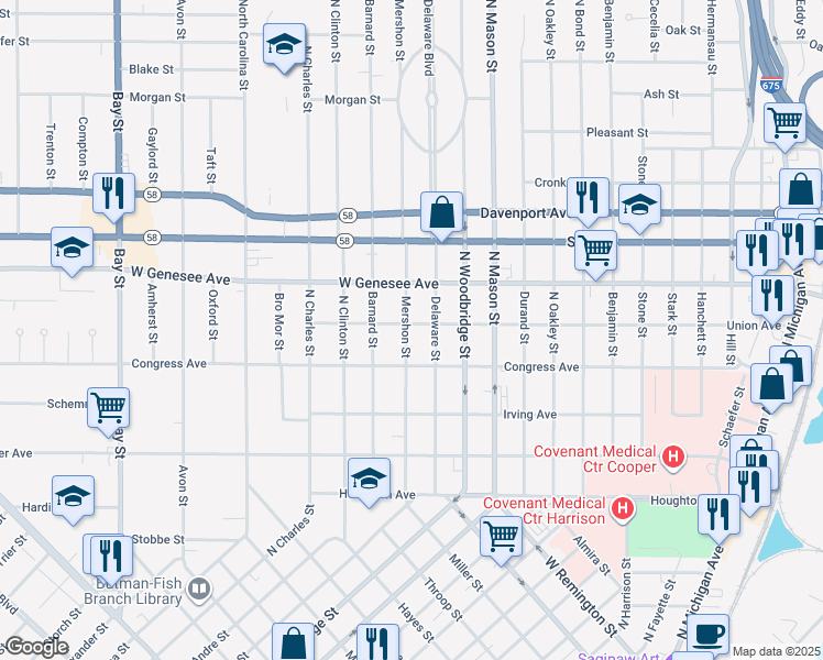 map of restaurants, bars, coffee shops, grocery stores, and more near 1832 Mershon Street in Saginaw