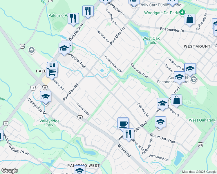 map of restaurants, bars, coffee shops, grocery stores, and more near 2423 Grand Oak Trail in Oakville