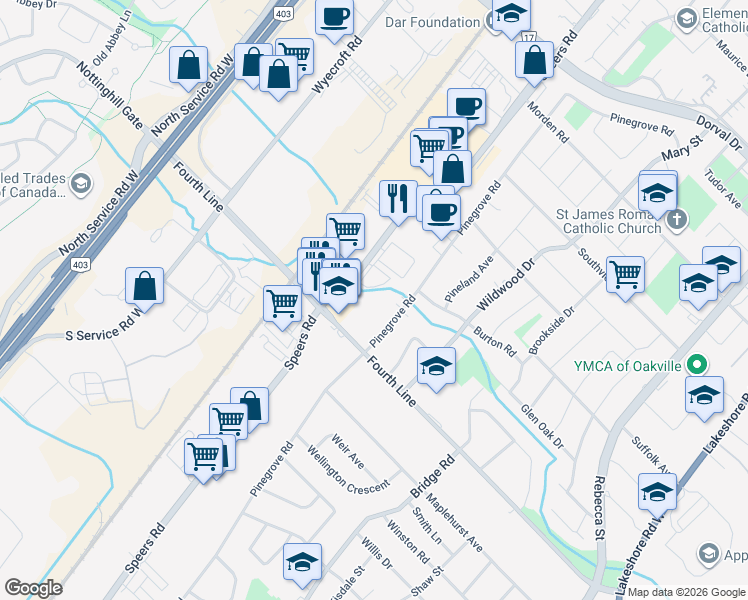 map of restaurants, bars, coffee shops, grocery stores, and more near 635 Fourth Line in Oakville