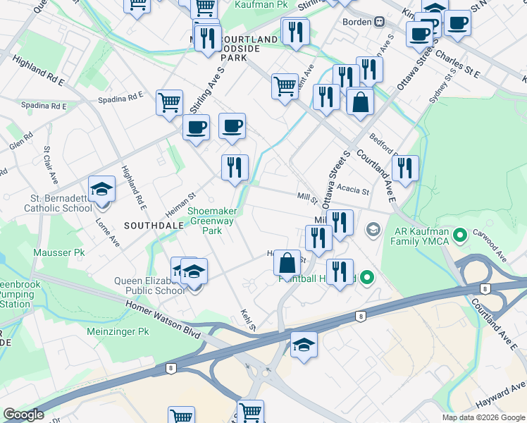 map of restaurants, bars, coffee shops, grocery stores, and more near 27 Pattandon Avenue in Kitchener