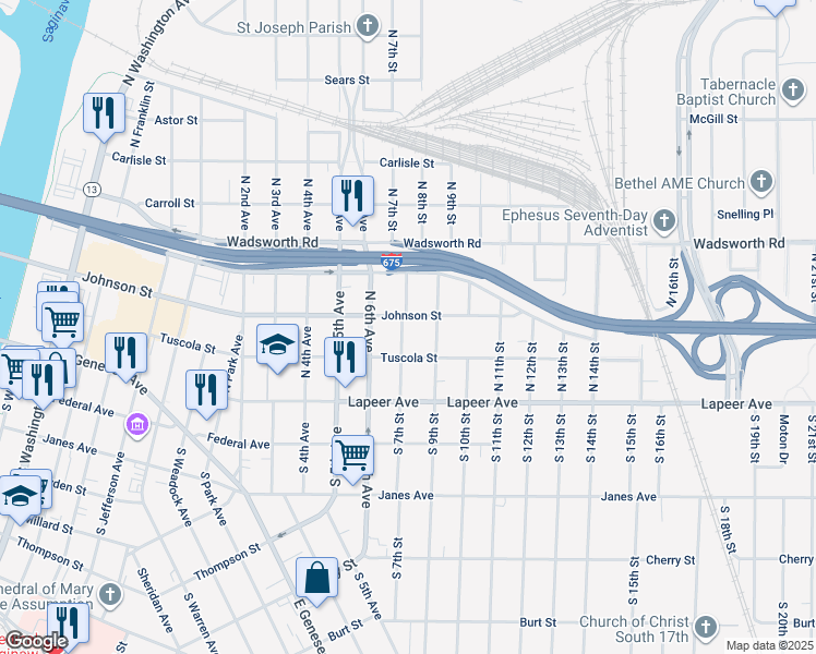 map of restaurants, bars, coffee shops, grocery stores, and more near 226 North 7th Street in Saginaw