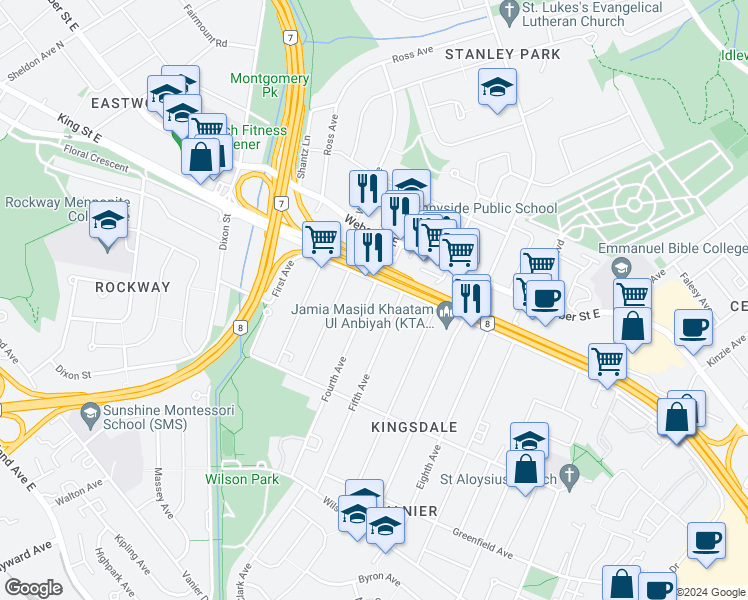 map of restaurants, bars, coffee shops, grocery stores, and more near 25 Fourth Avenue in Kitchener