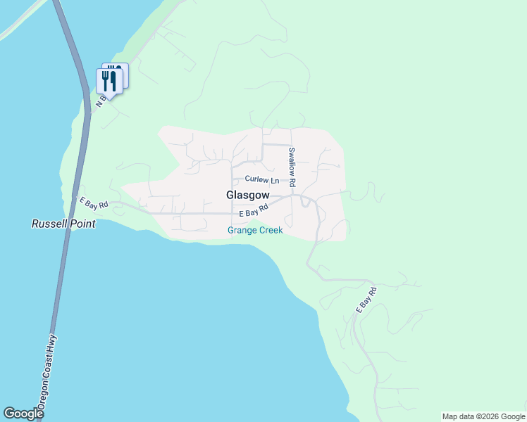 map of restaurants, bars, coffee shops, grocery stores, and more near 326 East Bay Road in North Bend