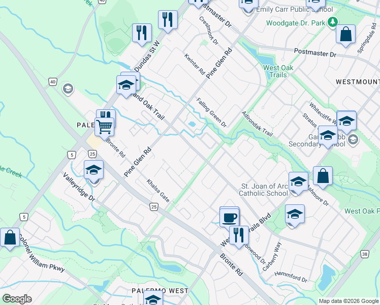 map of restaurants, bars, coffee shops, grocery stores, and more near 2406 Old Brompton Way in Oakville