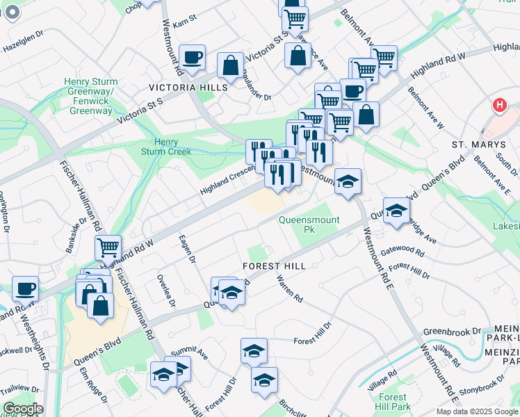 map of restaurants, bars, coffee shops, grocery stores, and more near 563 Highland Road West in Kitchener