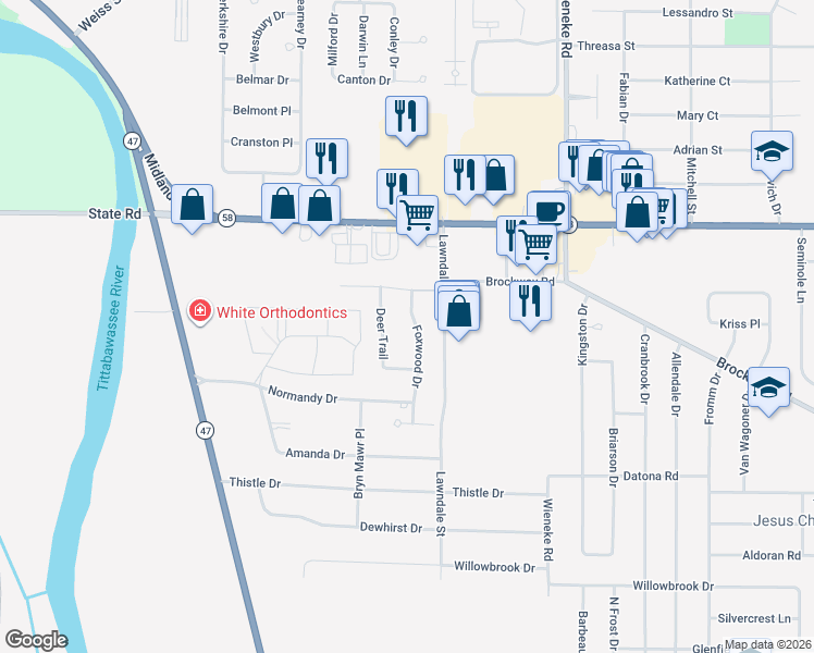 map of restaurants, bars, coffee shops, grocery stores, and more near 1 Foxwood Drive in Saginaw