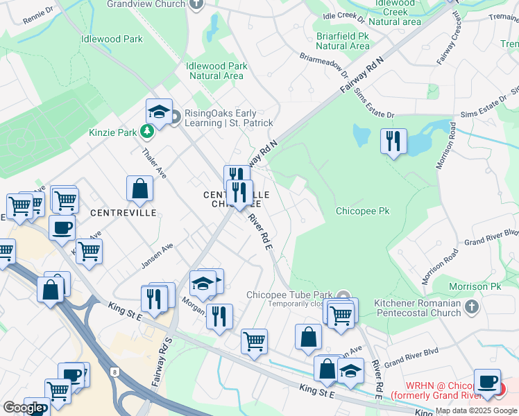 map of restaurants, bars, coffee shops, grocery stores, and more near 70 Scenic Drive in Kitchener