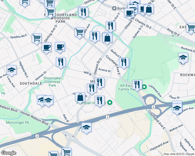 map of restaurants, bars, coffee shops, grocery stores, and more near 455 Mill Street in Kitchener