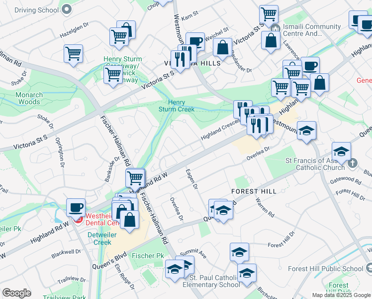 map of restaurants, bars, coffee shops, grocery stores, and more near 171 Highland Crescent in Kitchener
