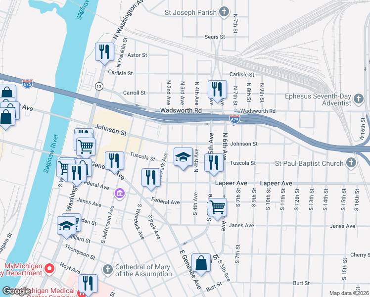 map of restaurants, bars, coffee shops, grocery stores, and more near 1010 Johnson Street in Saginaw