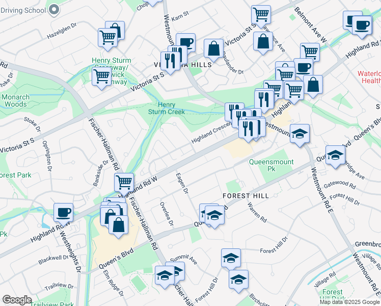 map of restaurants, bars, coffee shops, grocery stores, and more near 155 Highland Crescent in Kitchener