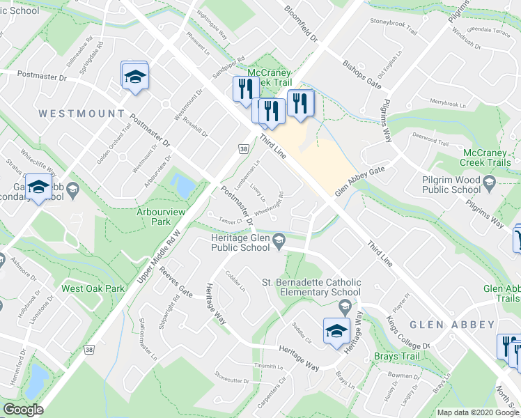 map of restaurants, bars, coffee shops, grocery stores, and more near 1425 Wheelwright Road in Oakville