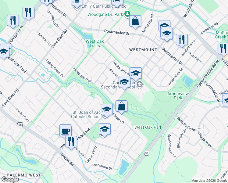 map of restaurants, bars, coffee shops, grocery stores, and more near in Oakville