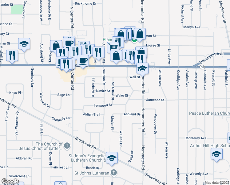 map of restaurants, bars, coffee shops, grocery stores, and more near 1810 McArthur Street in Saginaw