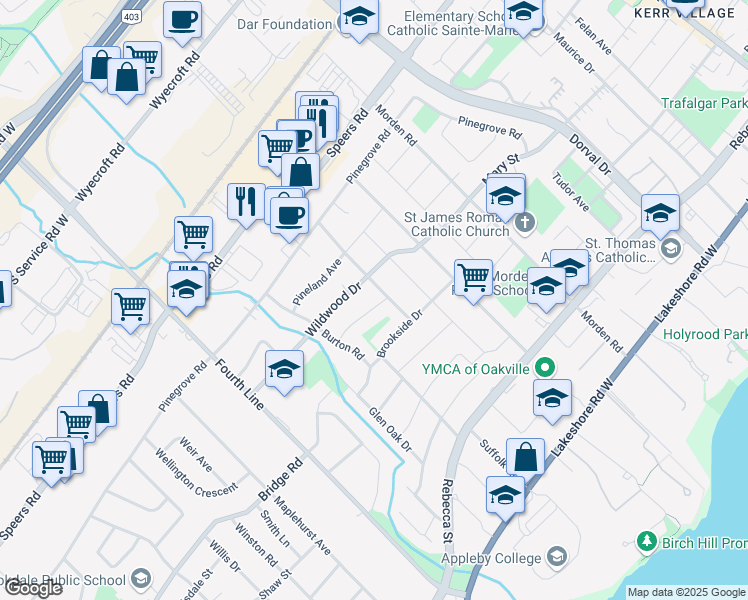 map of restaurants, bars, coffee shops, grocery stores, and more near 485 Trillium Drive in Oakville