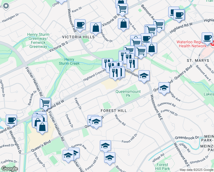 map of restaurants, bars, coffee shops, grocery stores, and more near 563 Highland Road West in Kitchener
