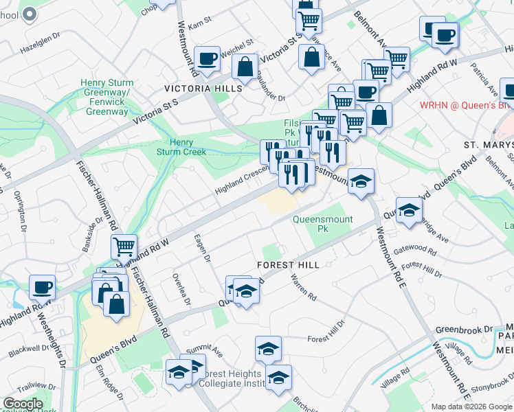 map of restaurants, bars, coffee shops, grocery stores, and more near 563 Highland Road West in Kitchener