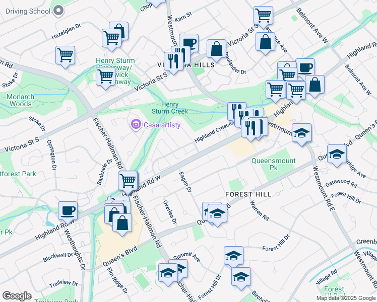 map of restaurants, bars, coffee shops, grocery stores, and more near 171 Highland Crescent in Kitchener