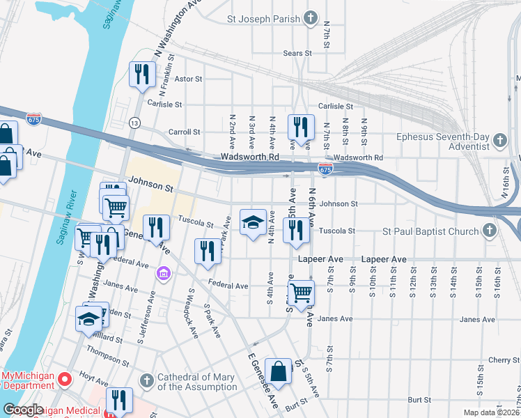 map of restaurants, bars, coffee shops, grocery stores, and more near 1010 Johnson Street in Saginaw