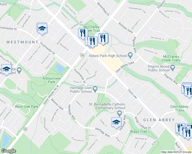 map of restaurants, bars, coffee shops, grocery stores, and more near 1394 Wheelwright Road in Oakville