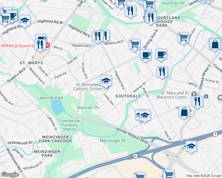 map of restaurants, bars, coffee shops, grocery stores, and more near 245 Lorne Avenue in Kitchener