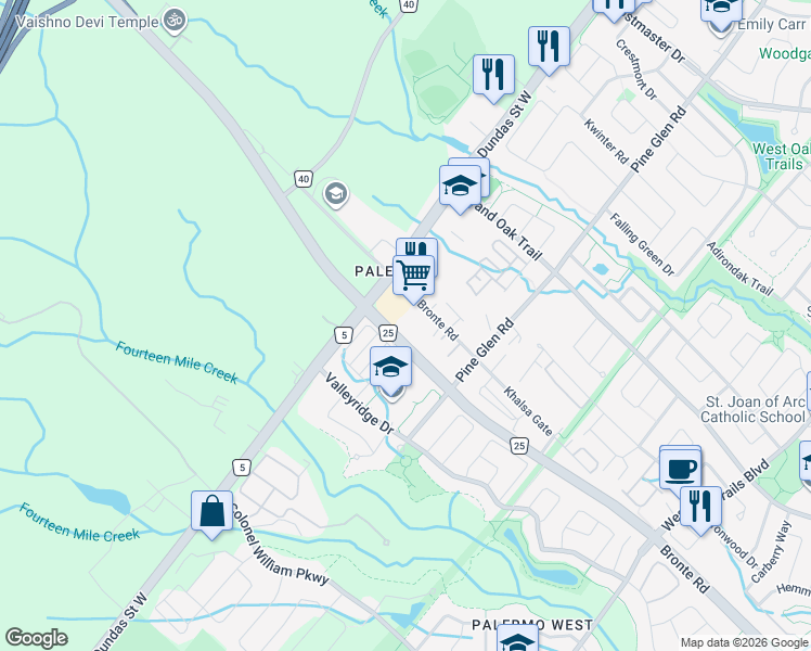 map of restaurants, bars, coffee shops, grocery stores, and more near 2490 Old Bronte Road in Oakville