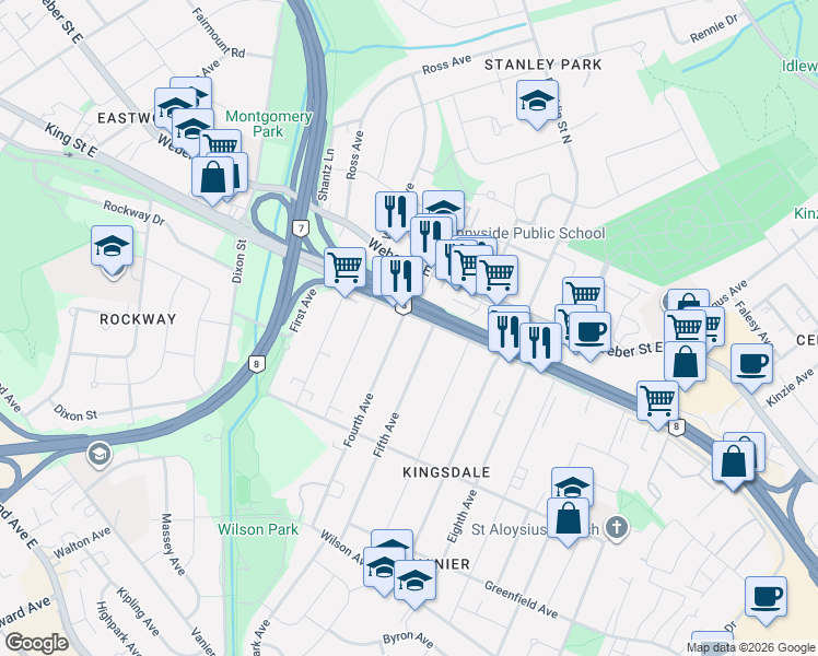 map of restaurants, bars, coffee shops, grocery stores, and more near 2191 Kingsway Drive in Kitchener