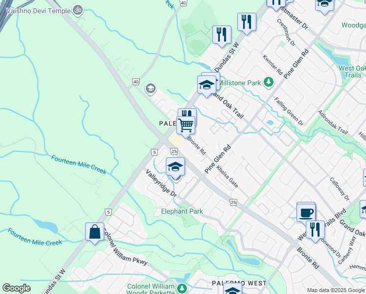 map of restaurants, bars, coffee shops, grocery stores, and more near 2490 Old Bronte Road in Oakville