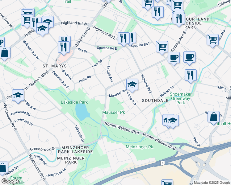 map of restaurants, bars, coffee shops, grocery stores, and more near 200 Mausser Avenue in Kitchener