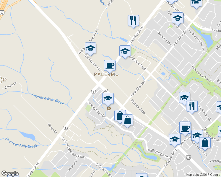 map of restaurants, bars, coffee shops, grocery stores, and more near in Oakville