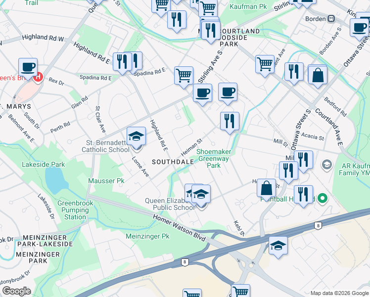 map of restaurants, bars, coffee shops, grocery stores, and more near in Kitchener