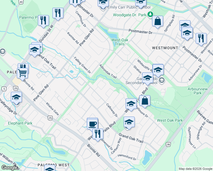 map of restaurants, bars, coffee shops, grocery stores, and more near 2249 Glazebrook Circle in Oakville